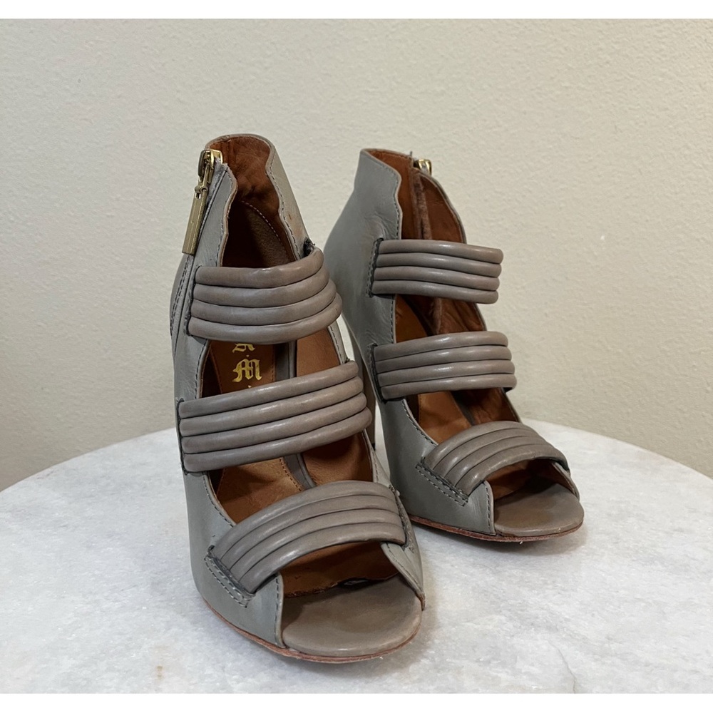 L.A.M.B. Size 8M Grey Peep Toe Leather Pump Cage High Heels - Picture 3 of 10